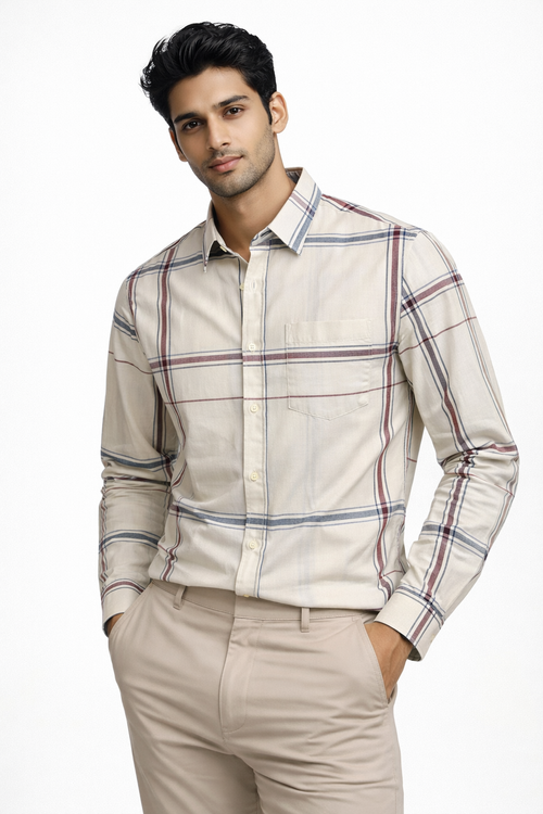 VERSE Beige Multi-Check Cotton Shirt
