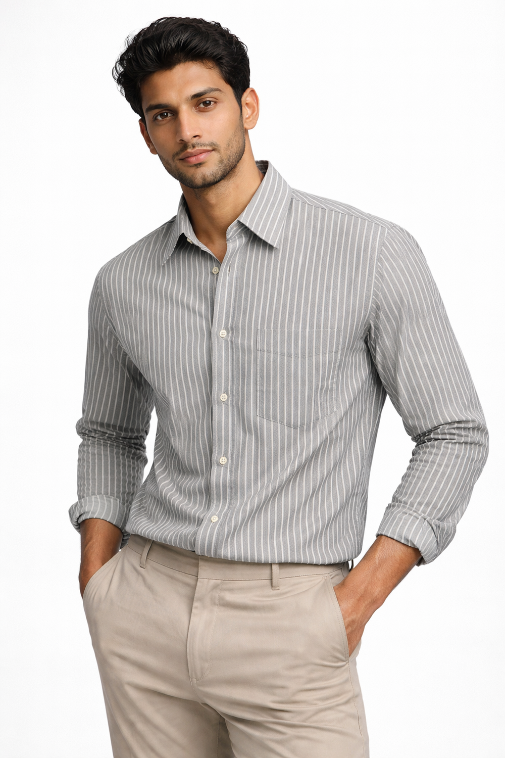 VERSE Grey Pinstripe Cotton Shirt
