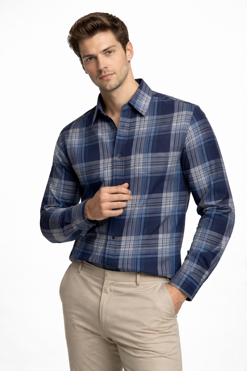 VERSE Navy Checkered Cotton Shirt