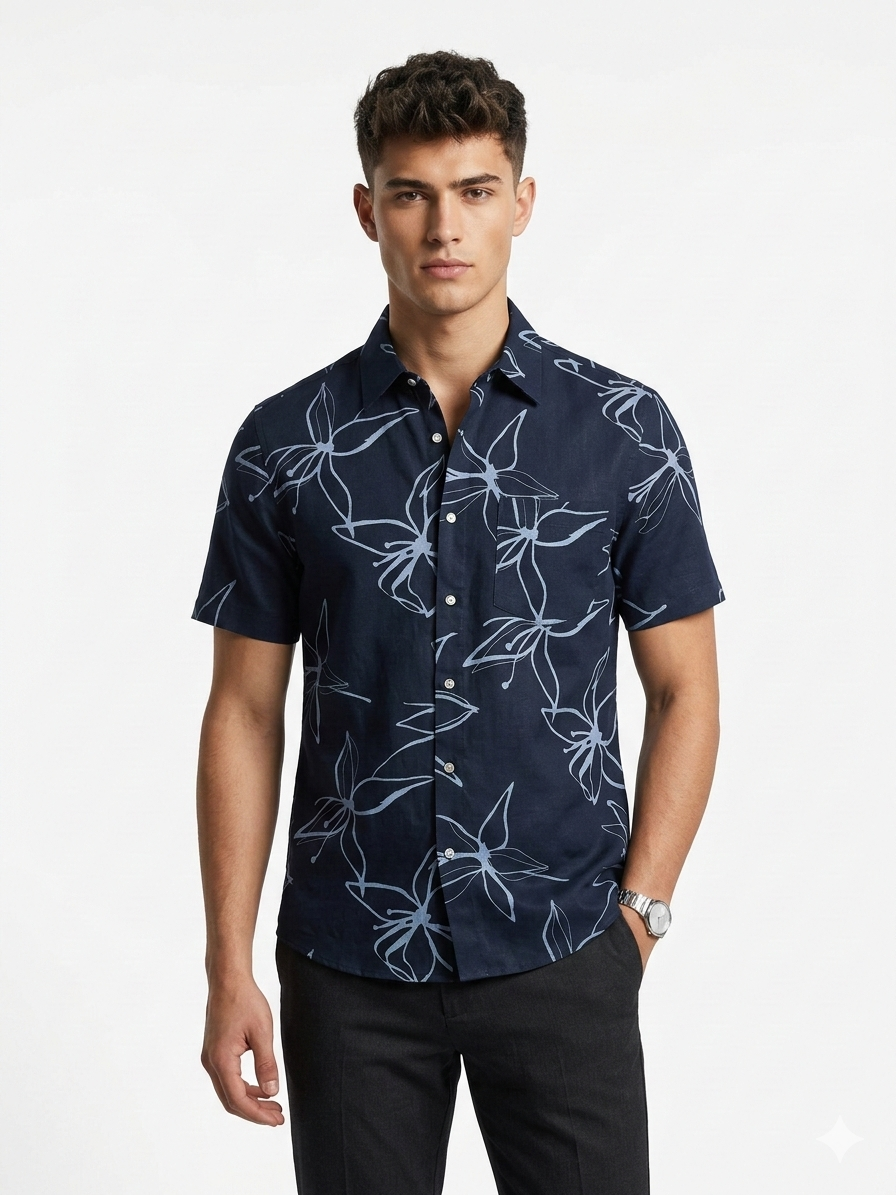 VERSE Midnight Floral Cotton linen Shirt