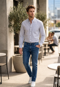 Verse White Navy Crest Print Cotton Shirt