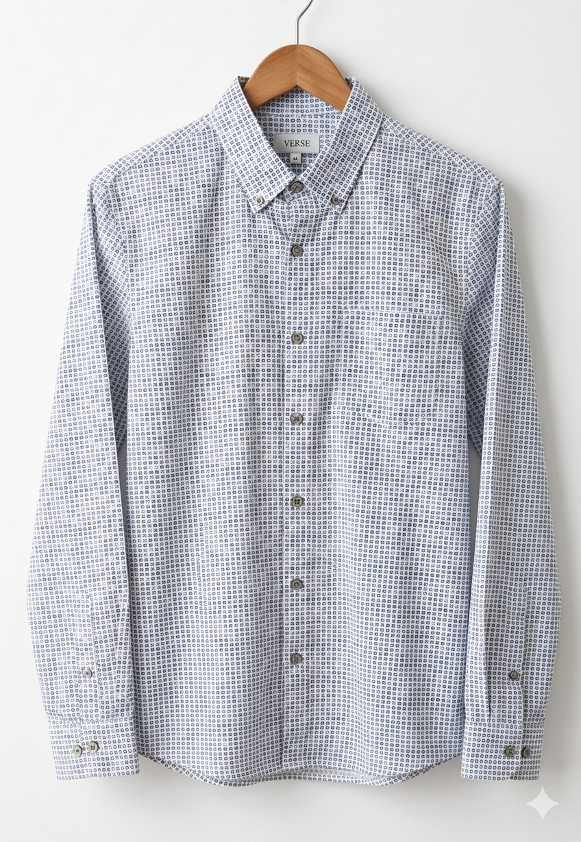 Verse White Navy Crest Print Cotton Shirt