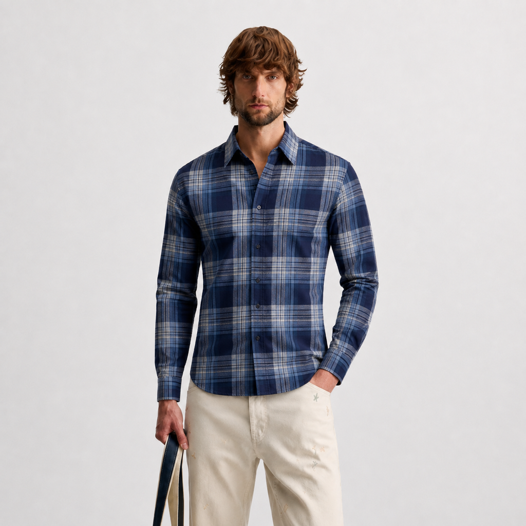 Navy Checked Cotton Shirt