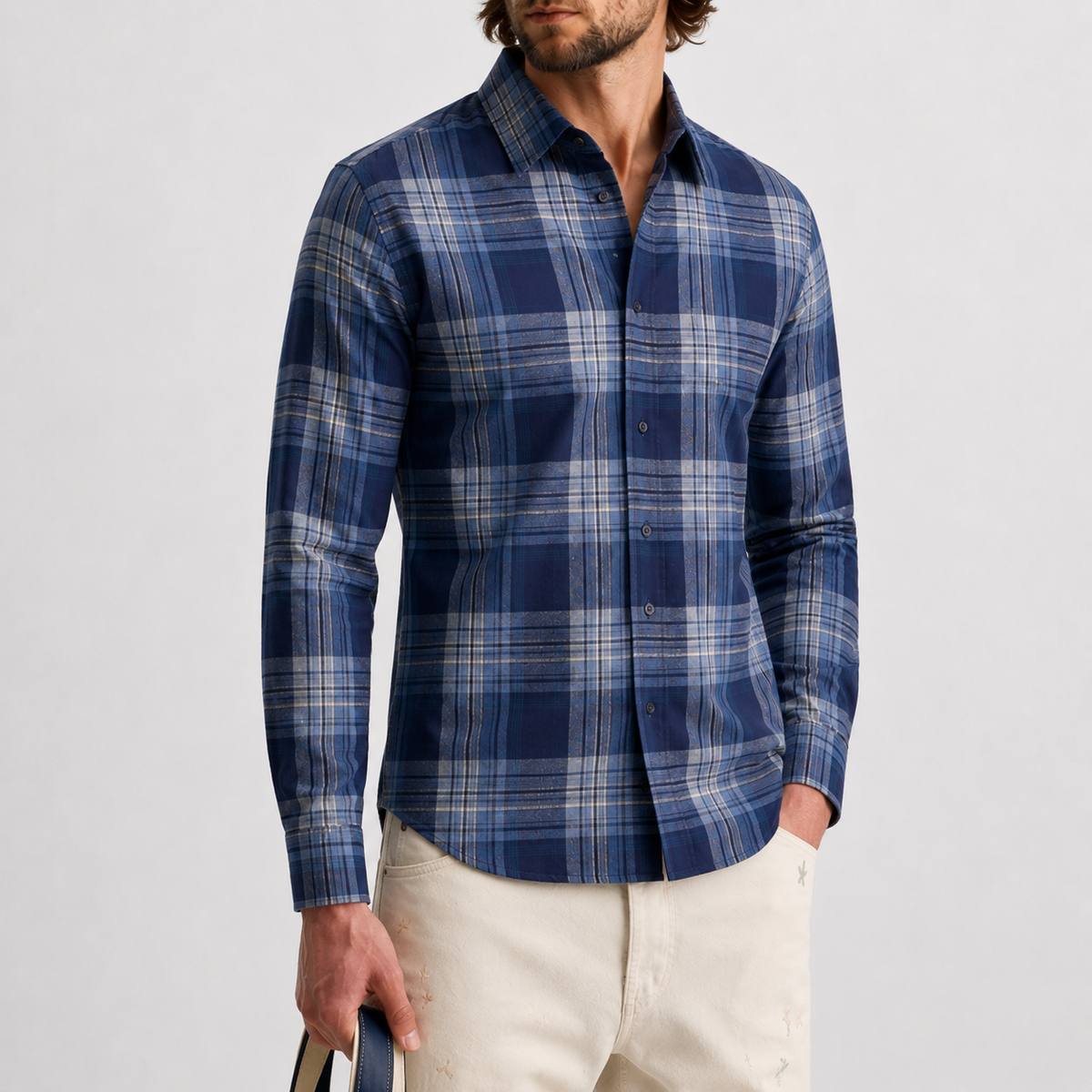 Navy Checked Cotton Shirt