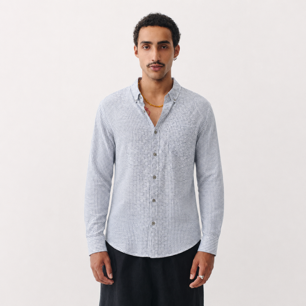 White & Navy Crest Print Cotton Shirt