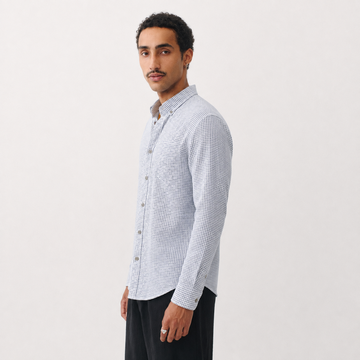 White & Navy Crest Print Cotton Shirt