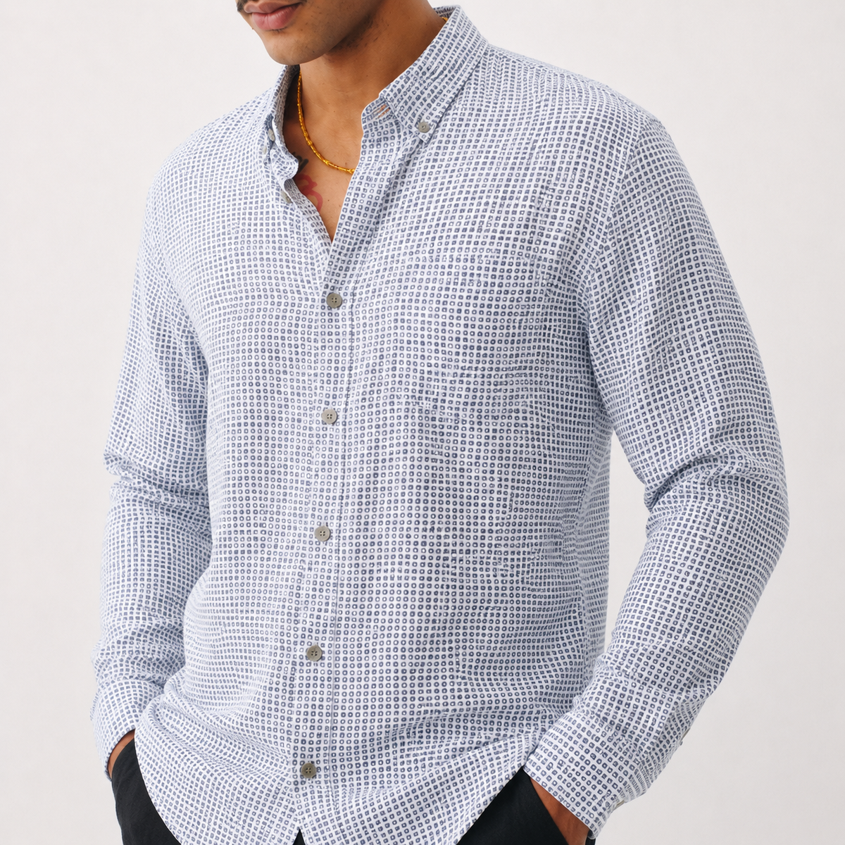 White & Navy Crest Print Cotton Shirt