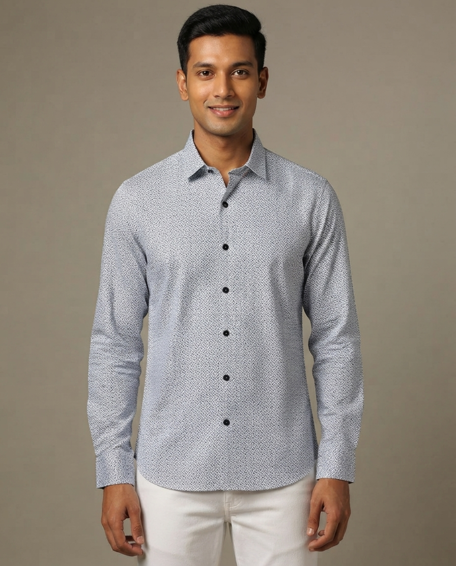Ice Blue Micro Print Cotton Shirt