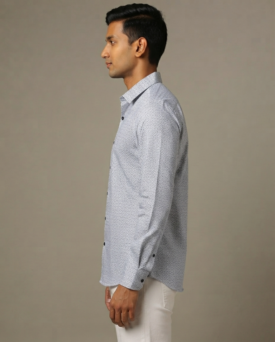 Ice Blue Micro Print Cotton Shirt